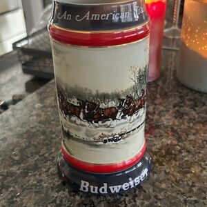 Budweiser Winter Scene Stein with Red and Blue Accents